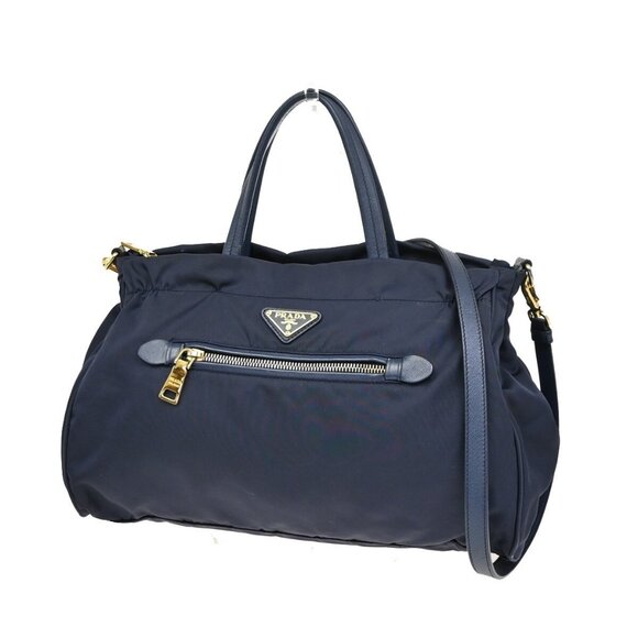 PRADA Logo Tessuto 2Way Shoulder Hand Bag Nylon Leather Navy Blue Italy - Picture 1 of 5